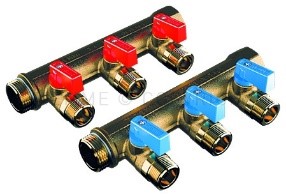 Lot de 5 collecteurs laiton avec vannes entrée 20/27 - 4 départs 15/21 bleue