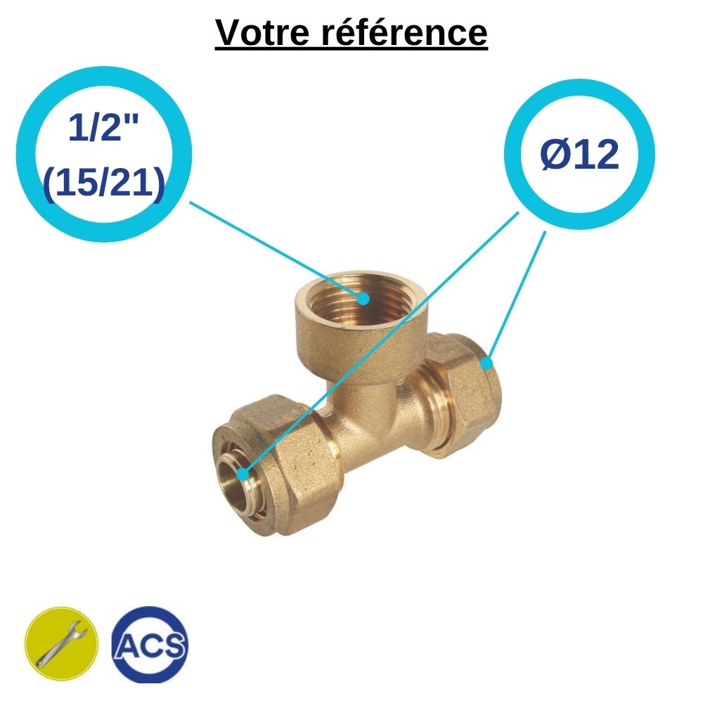 Té PER à compression Ø12 et centre femelle 1/2'' (15/21) - Somatherm