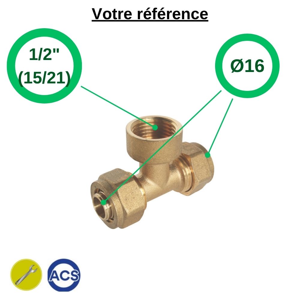 Té PER à compression Ø16 et centre femelle 1/2'' (15/21) - Somatherm