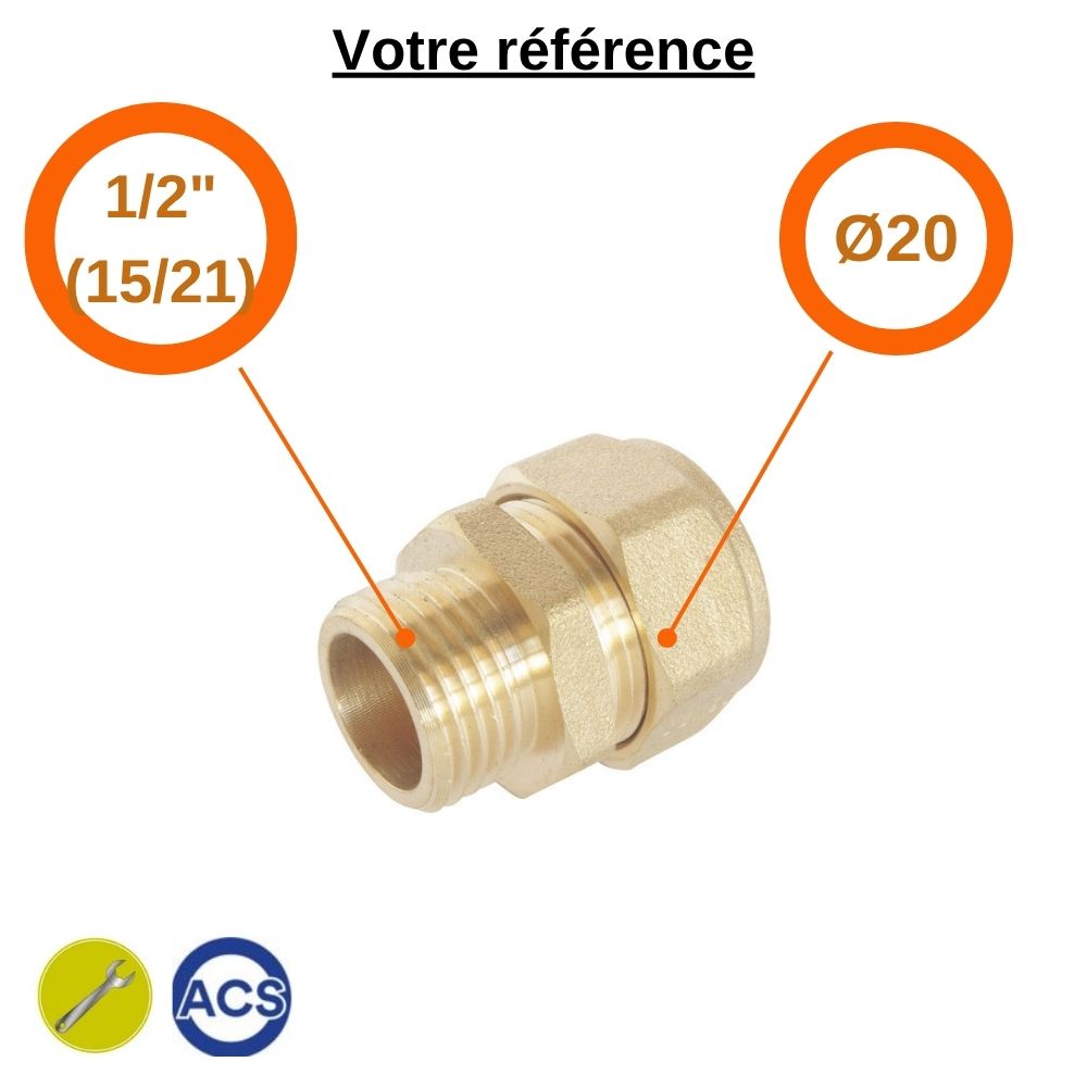 Raccord PER droit à compression Ø20 - mâle 1/2'' (15/21) - Somatherm