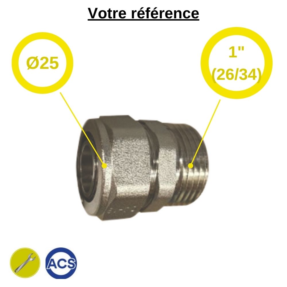 Raccord PER droit à compression Ø25 - mâle 1'' (26/34) - Somatherm