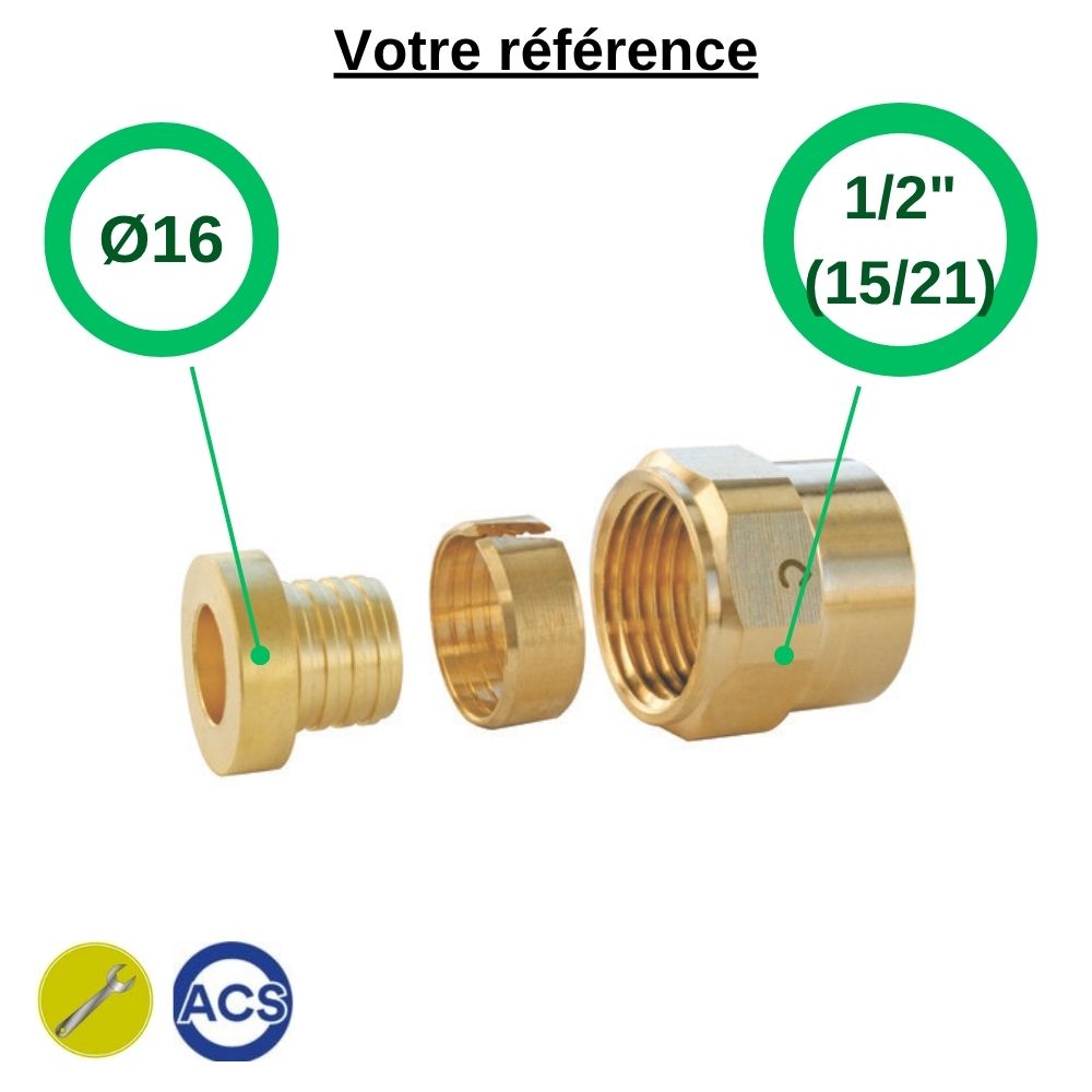 Raccord PER droit à compression Ø16 - écrou tournant femelle 1/2'' (15/21) - Somatherm