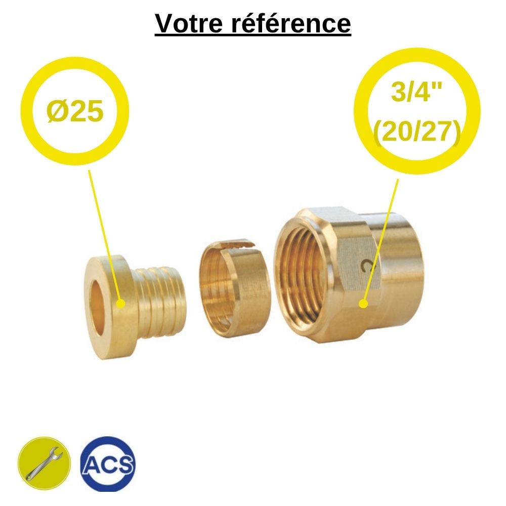 Raccord PER droit à compression Ø25 - écrou tournant femelle 3/4'' (20/27) - Somatherm