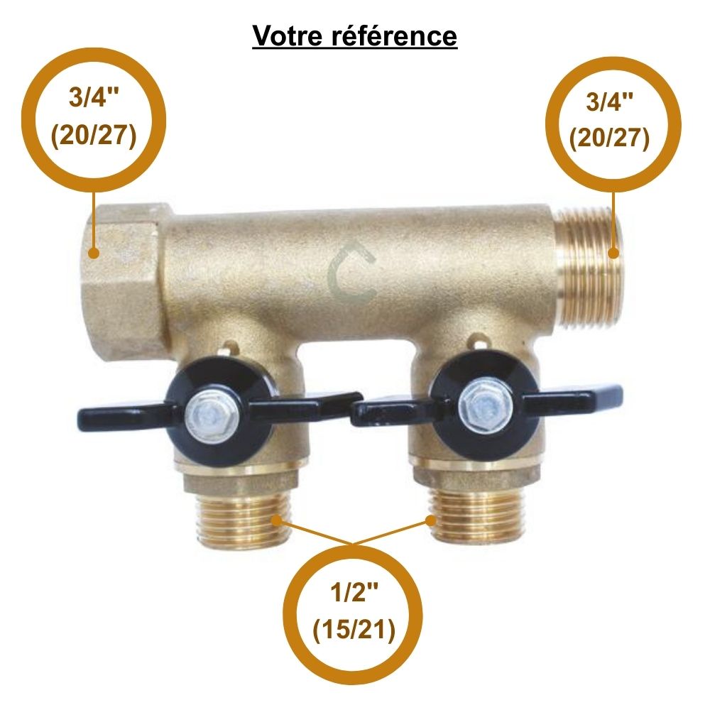 Collecteur mâle-femelle 3/4'' (20/27), 2 départs mâle 1/2'' (15/21), DN 15, pour sanitaire et chauffage - Somatherm