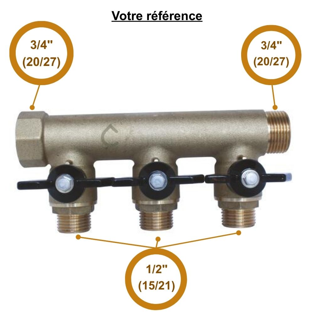 Collecteur mâle-femelle 3/4'' (20/27), 3 départs mâle 1/2'' (15/21), DN 15, pour sanitaire et chauffage - Somatherm