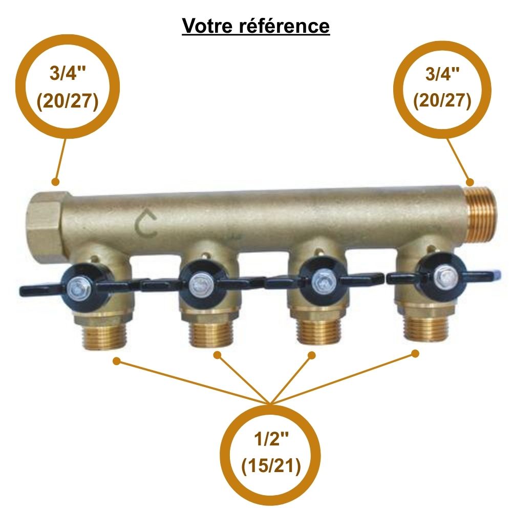 Collecteur mâle-femelle 3/4'' (20/27), 4 départs mâle 1/2'' (15/21), DN 15, pour sanitaire et chauffage - Somatherm