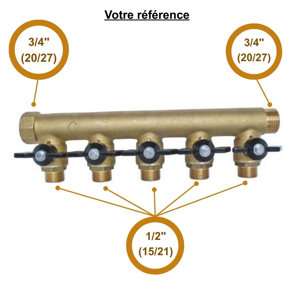 Collecteur mâle-femelle 3/4'' (20/27), 5 départs mâle 1/2'' (15/21), DN 15, pour sanitaire et chauffage - Somatherm