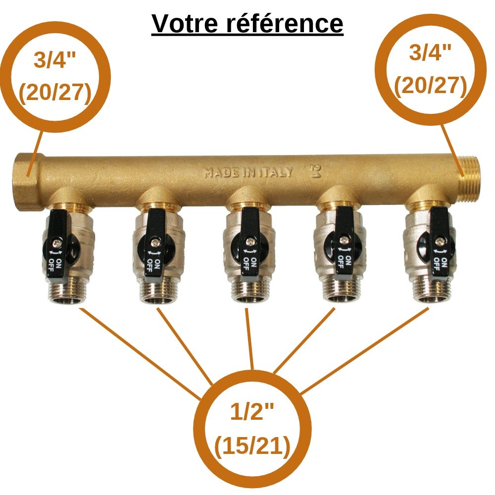 Collecteur mâle-femelle 3/4'' (20/27), 5 départs mâle 1/2'' (15/21), DN 15, pour sanitaire et chauffage