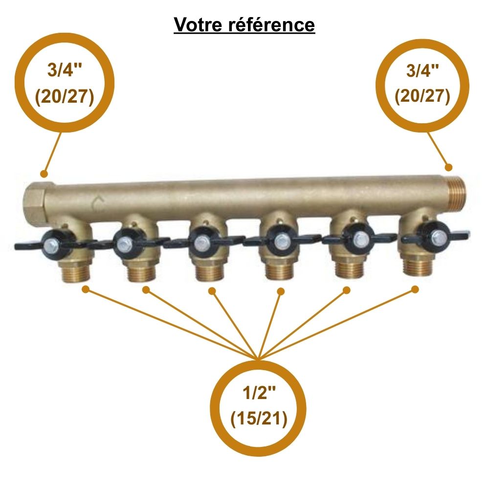 Collecteur mâle-femelle 3/4'' (20/27), 6 départs mâle 1/2'' (15/21), DN 15, pour sanitaire et chauffage - Somatherm