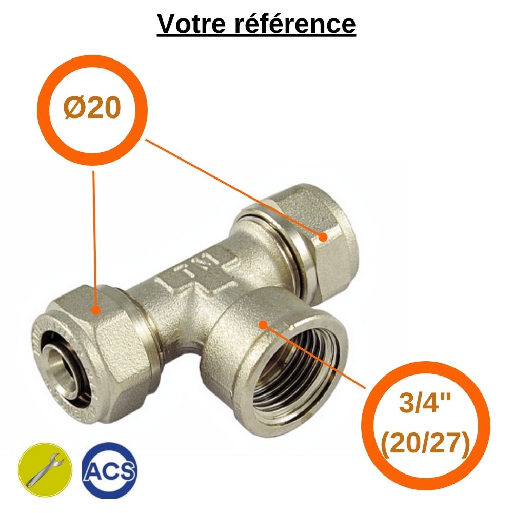 Té multicouche à compression Ø20 et centre femelle 3/4'' (20/27) - Tiemme