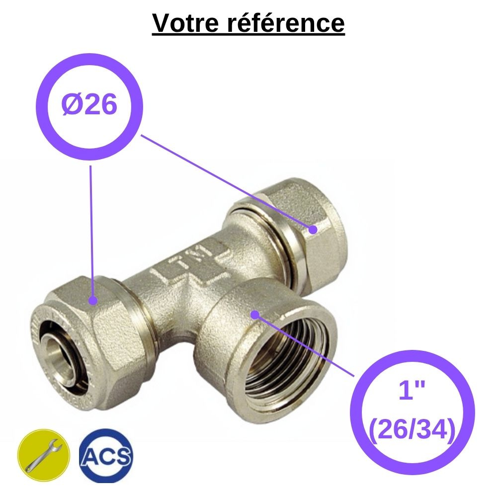 Té multicouche à compression Ø26 et centre femelle 1'' (26/34) - Tiemme