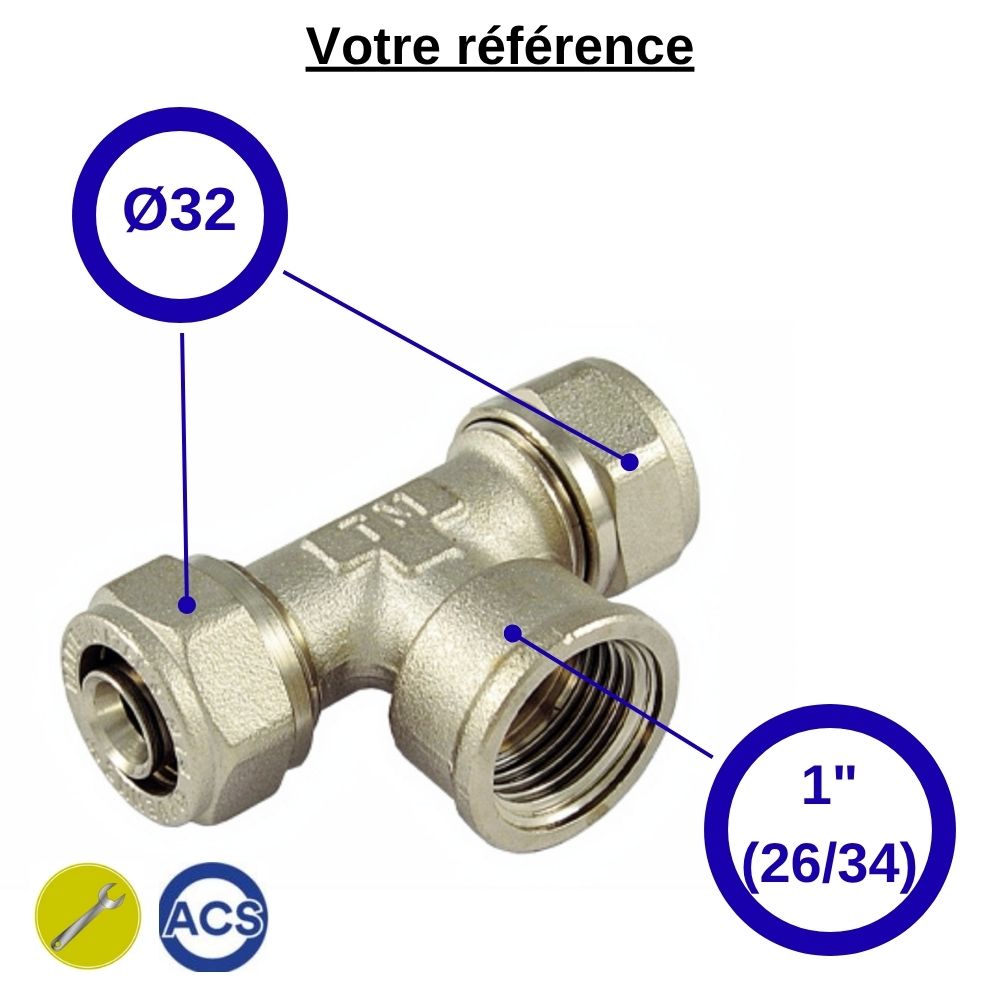 Té multicouche à compression Ø32 et centre femelle 1'' (26/34) - Tiemme
