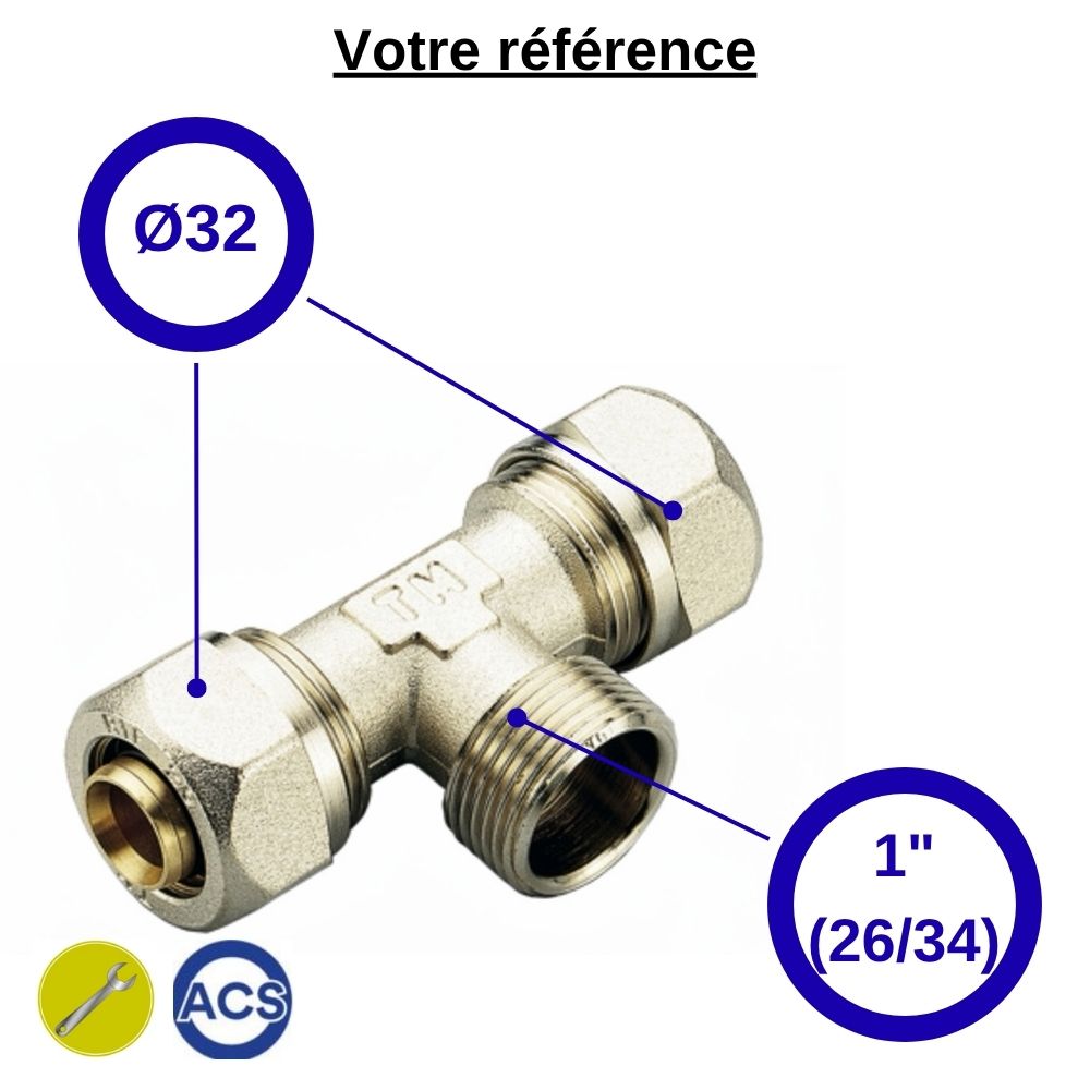 Té multicouche à compression Ø32 et centre mâle 1'' (26/34) - Tiemme