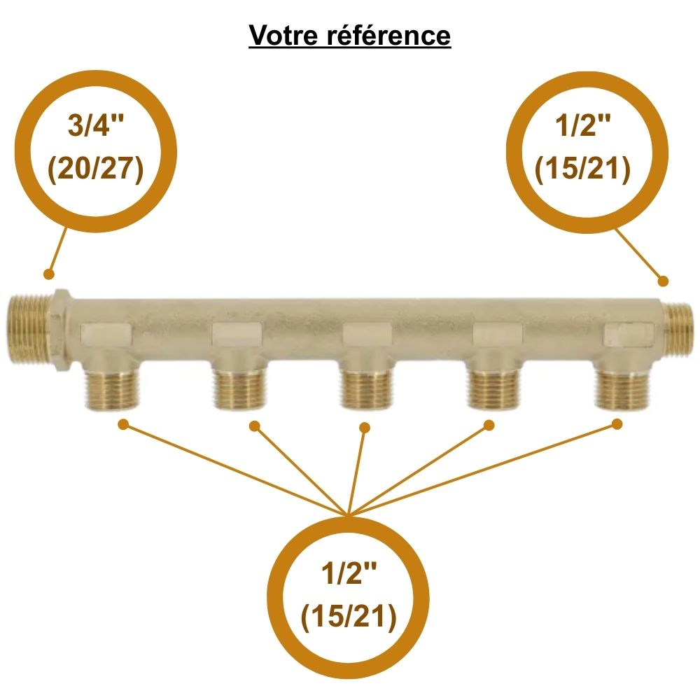 Collecteur mâle 3/4'' (20/27), 6 départs mâle 1/2'' (15/21), pour sanitaire