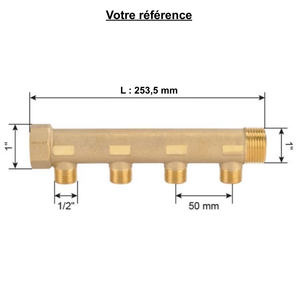 Collecteur mâle-femelle 1'' (26/34), 5 départs mâle 1/2'' (15/21), pour sanitaire et chauffage