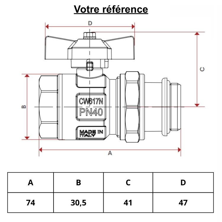 Vanne droite pour collecteur, poignée rouge, 1/2'' (15/21)