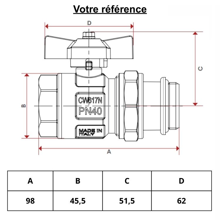 Vanne droite pour collecteur, poignée rouge, 1'' (26/34)