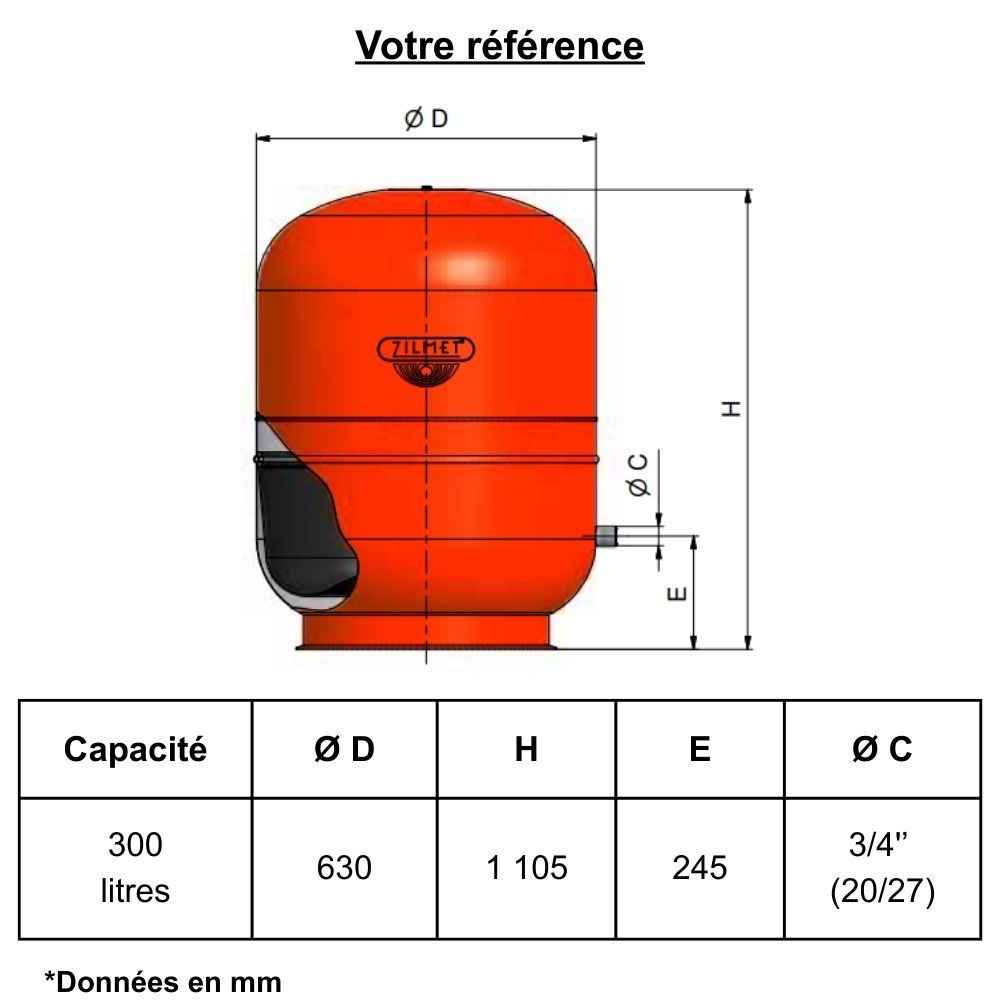 Vase d’expansion chauffage 300 litres, sur pied - Zilmet