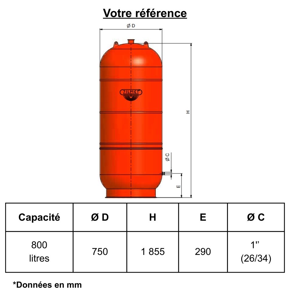 Vase d’expansion chauffage 800 litres, sur pied - Zilmet