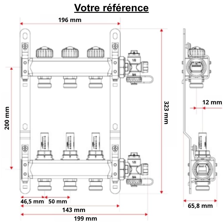 Collecteur chauffage inox pour radiateur, 2 circuits, avec débitmètre, femelle 1'' (26/34) mâle 3/4'' EK (20/27) - Itap