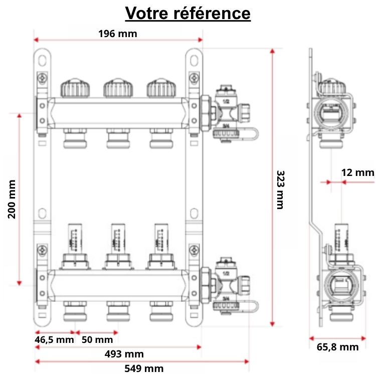 Collecteur chauffage inox pour radiateur, 9 circuits, avec débitmètre, femelle 1'' (26/34) mâle 3/4'' EK (20/27) - Itap