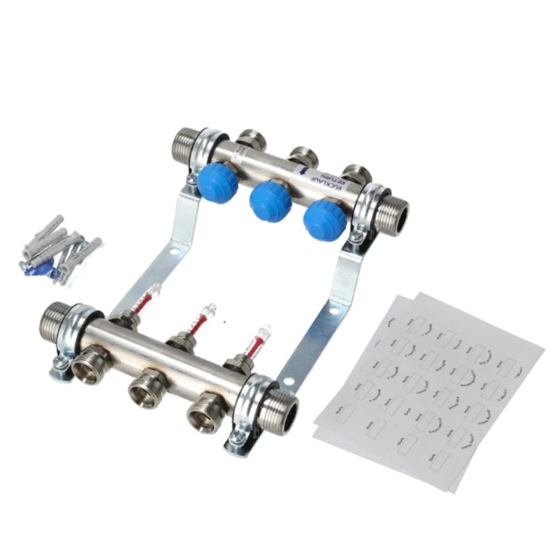 Collecteur chauffage inox pour radiateur, 3 circuits, avec débitmètre, mâle 1'' (26/34) mâle 3/4'' EK (20/27)