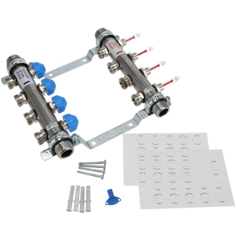 Collecteur chauffage inox pour radiateur, 4 circuits, avec débitmètre, mâle 1'' (26/34) mâle 3/4'' EK (20/27)