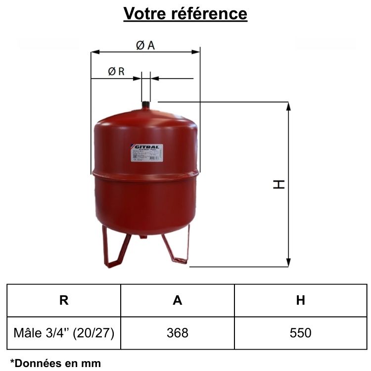 Vase d'expansion chauffage 35 litres, sur pied - Gitral