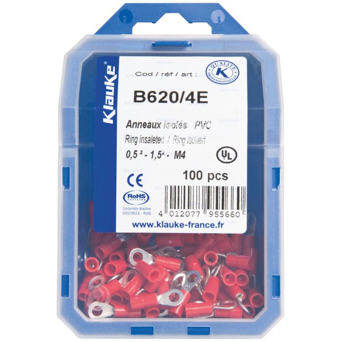 Cosse à sertir pré-isolée PVC rouge anneau section 0,5 à 1,5mm² Ø4,2mm vendu par 100