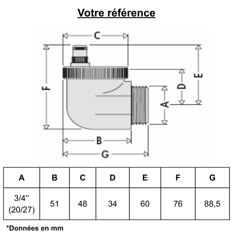 Purgeur d'air automatique grand débit pour radiateur, équerre mâle 3/4'' (20/27) - Thermador