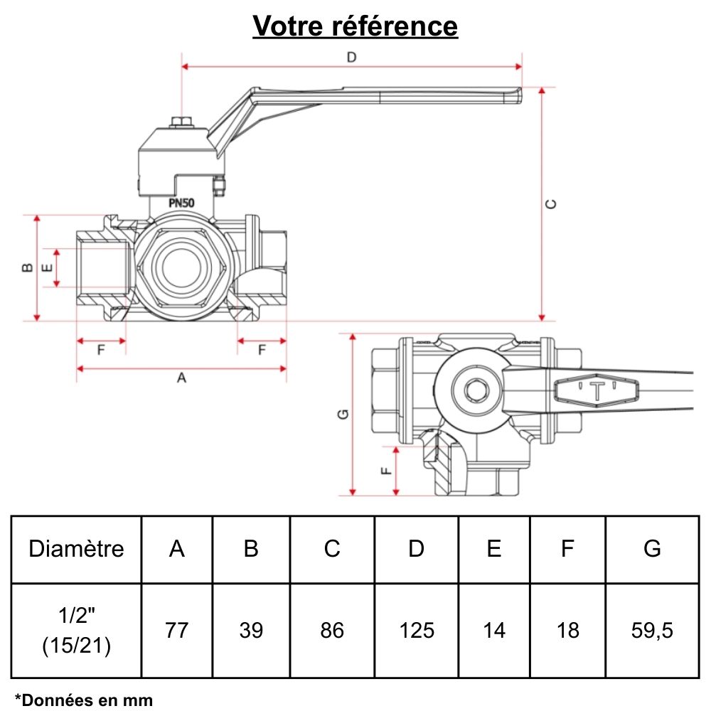 Vanne d'arrêt à visser, 3 voies en T, femelle 1/2'' (15/21) - Itap