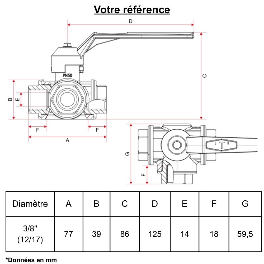 Vanne d'arrêt à visser, 3 voies en L, femelle 3/8'' (12/17) - Itap