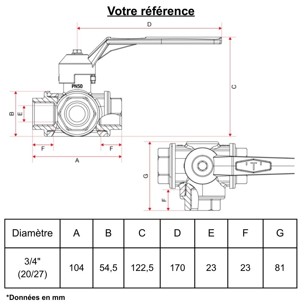 Vanne d'arrêt à visser, 3 voies en L, femelle 1'' (26/34) - Itap