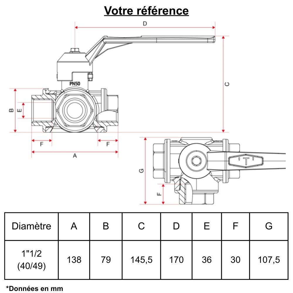 Vanne d'arrêt à visser, 3 voies en L, femelle 1''1/2 (40/49) - Itap