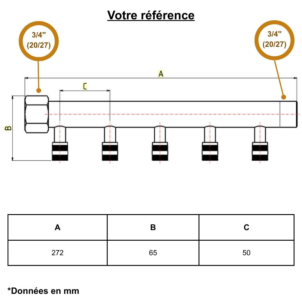 Collecteur mâle-femelle 3/4'' (20/27), 5 départs à glissement PER Ø12, pour sanitaire et chauffage - Riquier