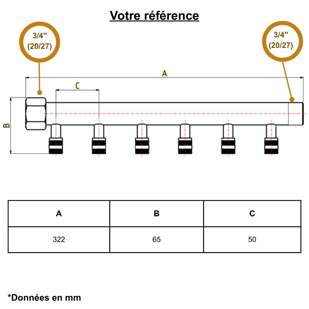 Collecteur mâle-femelle 3/4'' (20/27), 6 départs à glissement PER Ø12, pour sanitaire et chauffage - Riquier