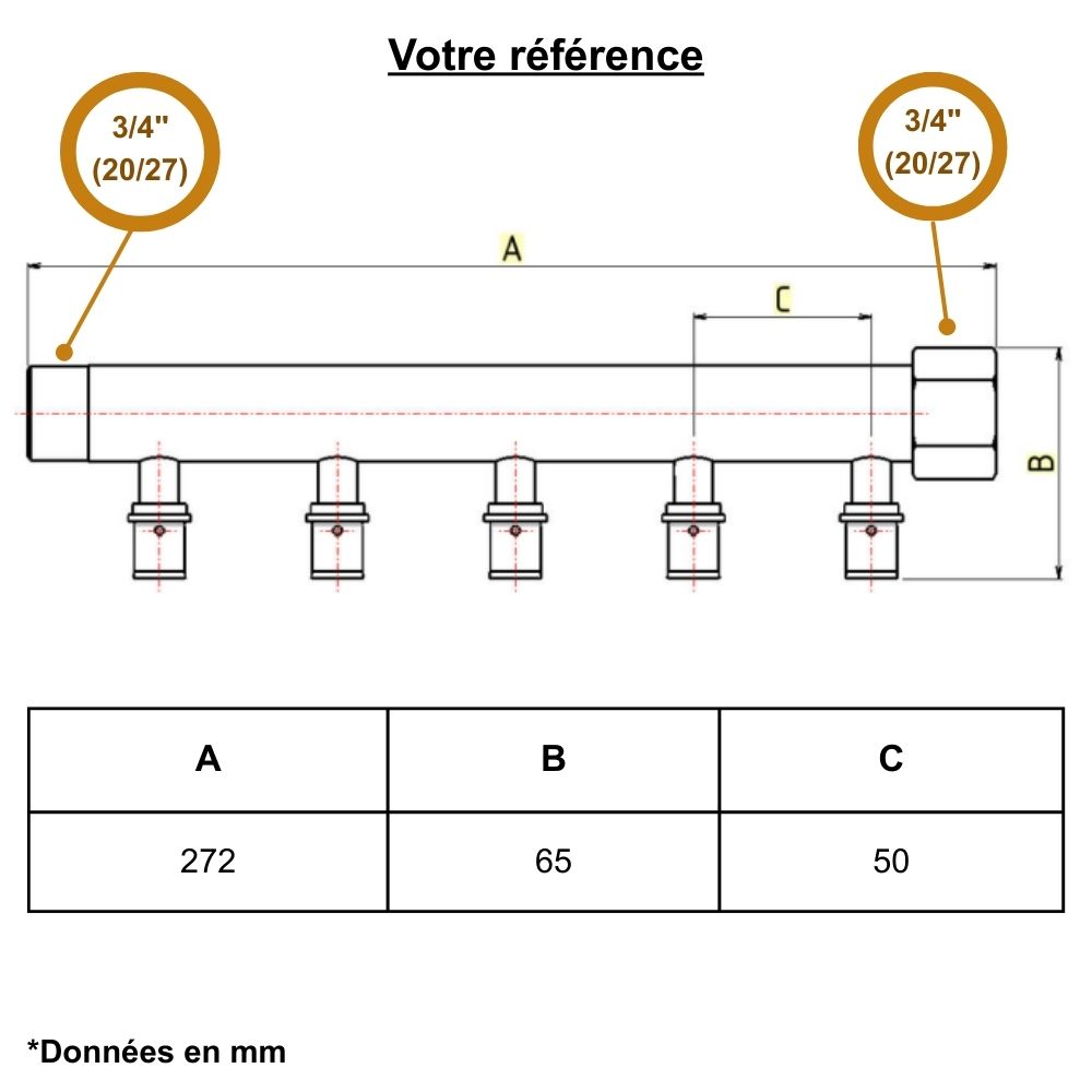 Collecteur mâle-femelle 3/4'' (20/27), 5 départs à sertir PER Ø12, pour sanitaire et chauffage - Riquier