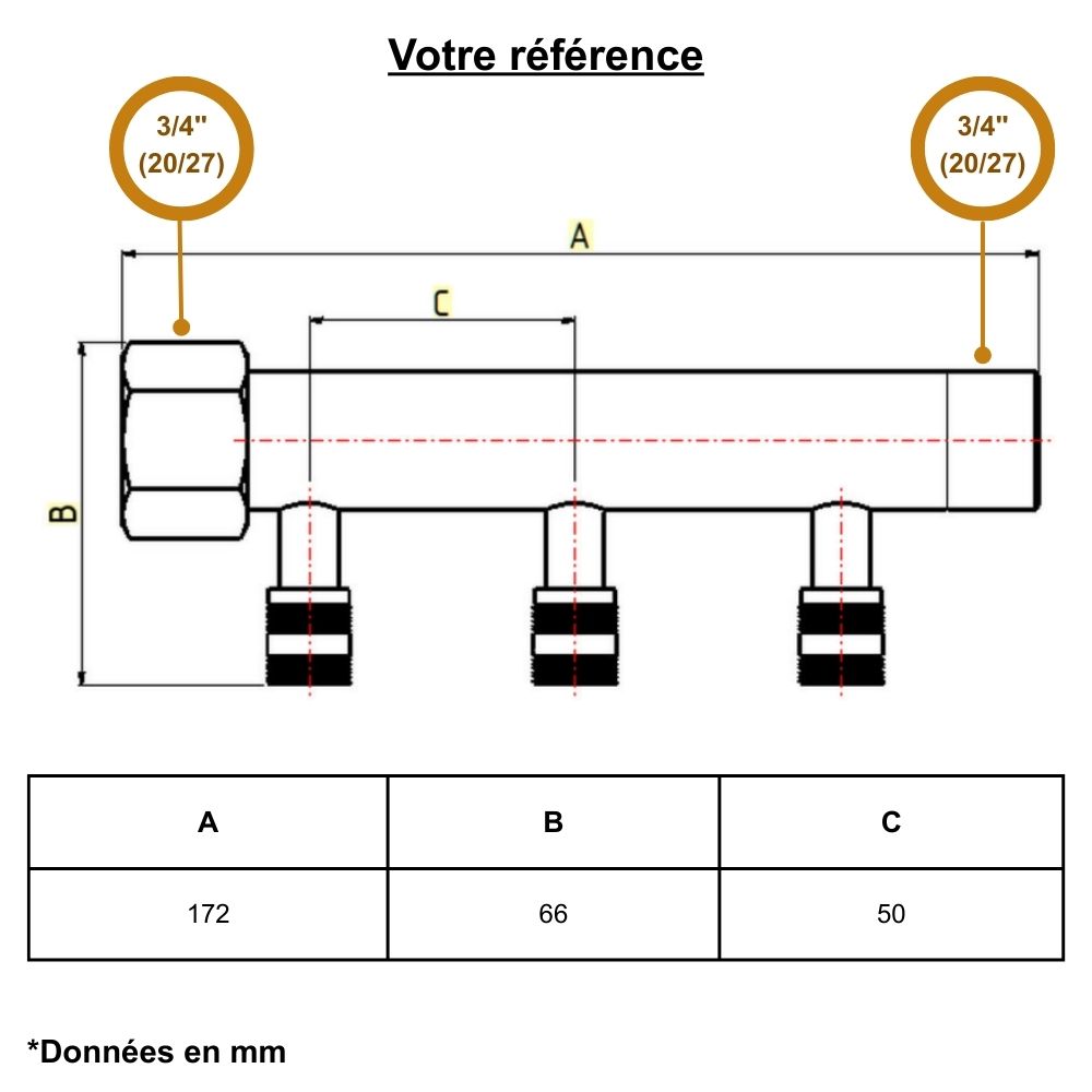 Collecteur mâle-femelle 3/4'' (20/27), 3 départs à glissement PER Ø16, pour sanitaire et chauffage - Riquier