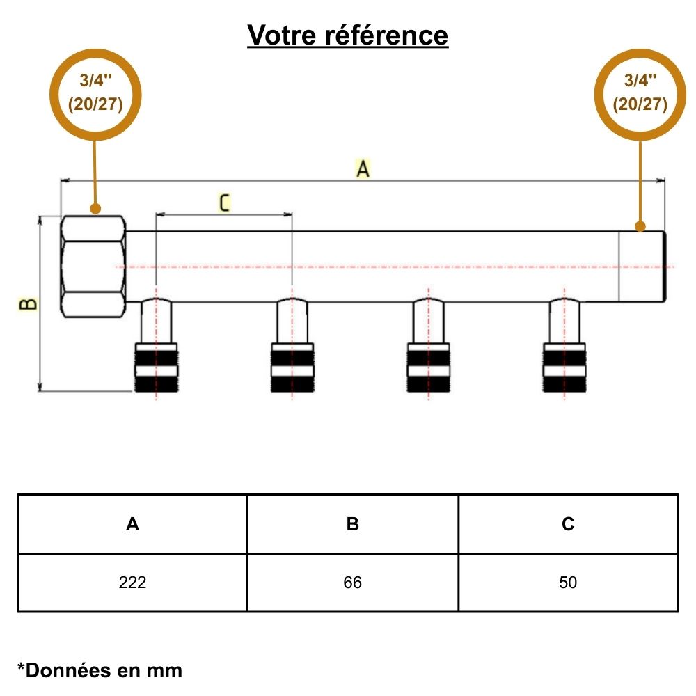 Collecteur mâle-femelle 3/4'' (20/27), 4 départs à glissement PER Ø16, pour sanitaire et chauffage - Riquier