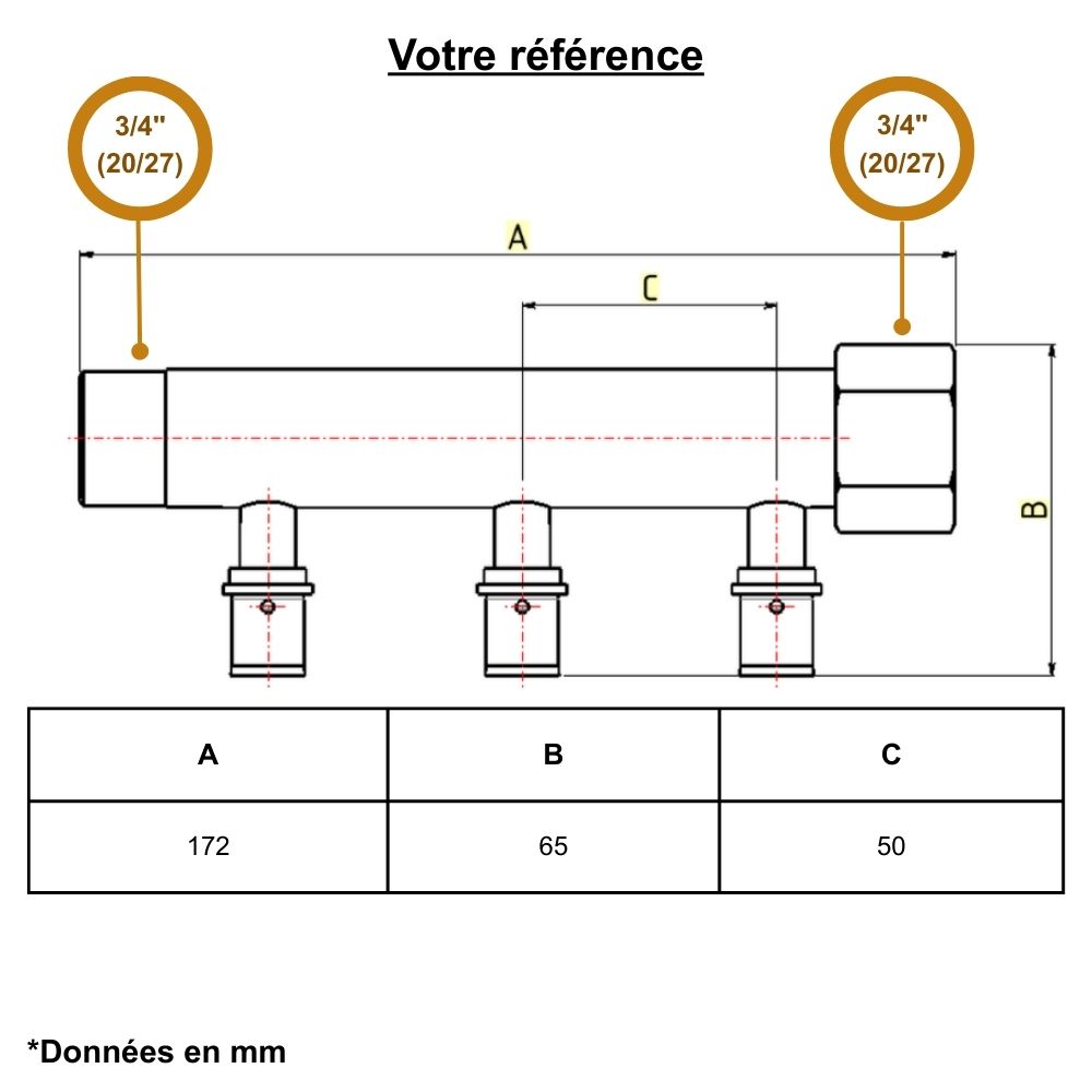 Collecteur mâle-femelle 3/4'' (20/27), 3 départs à sertir PER Ø12, pour sanitaire et chauffage - Riquier