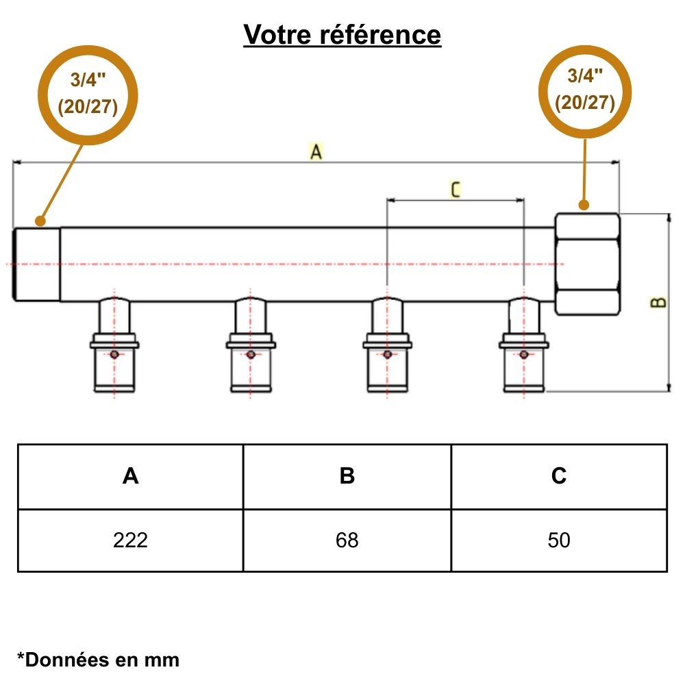 Collecteur mâle-femelle 3/4'' (20/27), 4 départs à sertir PER Ø16, pour sanitaire et chauffage - Riquier