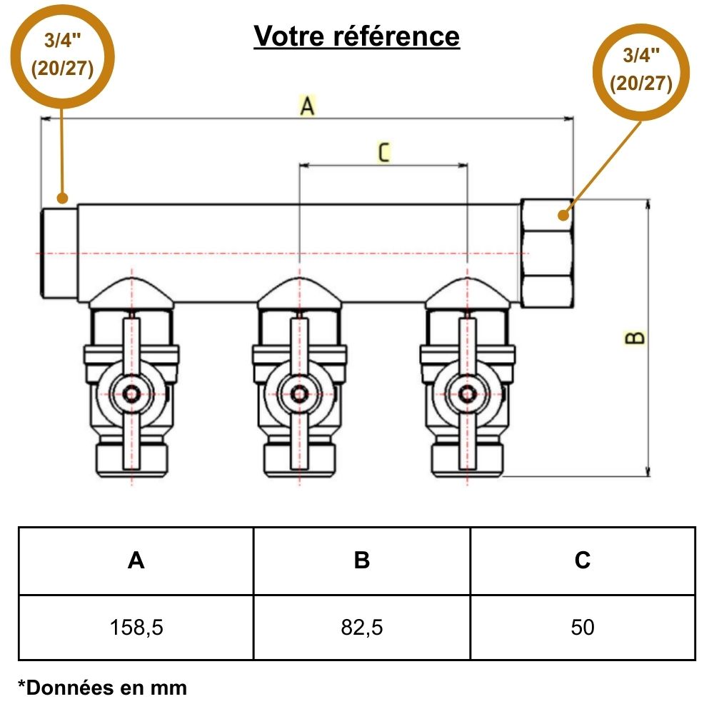 Collecteur mâle-femelle 3/4'' (20/27), 3 départs mâle 1/2'' (15/21), pour sanitaire et chauffage - Riquier