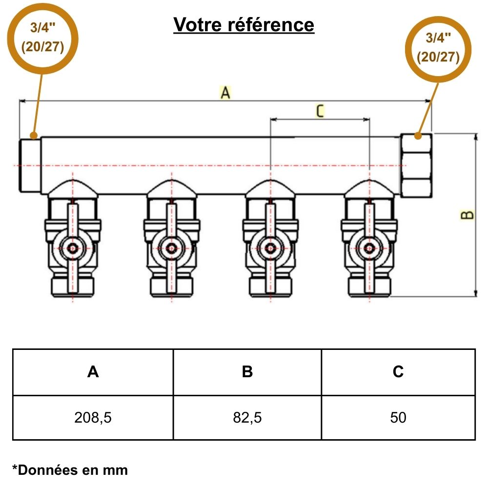 Collecteur mâle-femelle 3/4'' (20/27), 4 départs mâle 1/2'' (15/21), pour sanitaire et chauffage - Riquier