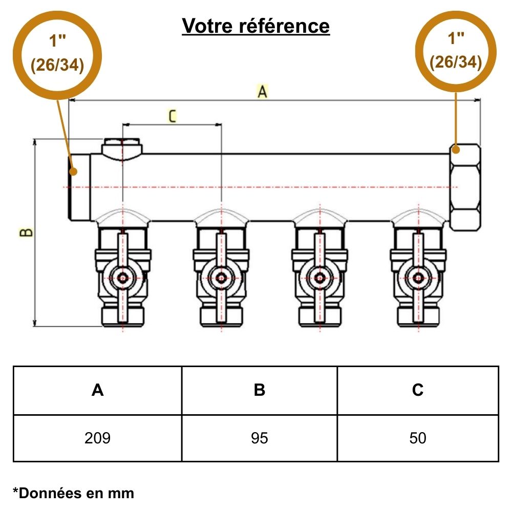 Collecteur mâle-femelle 1'' (26/34), 4 départs mâle 1/2'' (15/21), pour sanitaire - Riquier