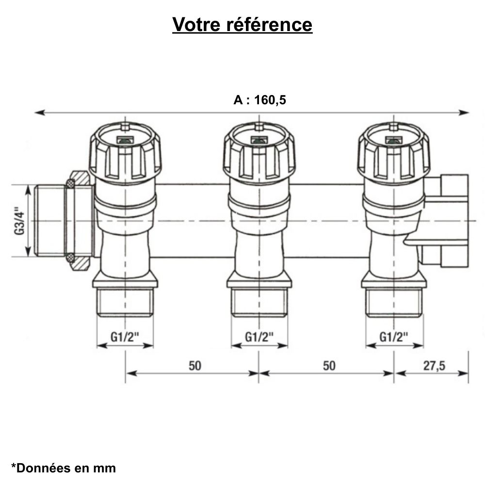 Collecteur mâle-femelle 3/4'' (20/27), 3 départs mâle 1/2'' (15/21), vanne rouge, pour sanitaire