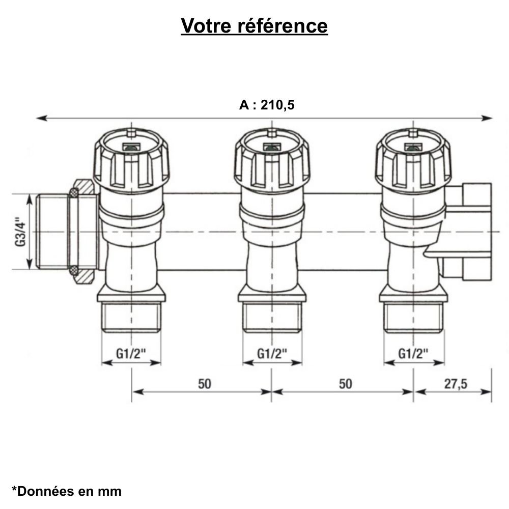 Collecteur mâle-femelle 3/4'' (20/27), 4 départs mâle 1/2'' (15/21), vanne bleue, pour sanitaire