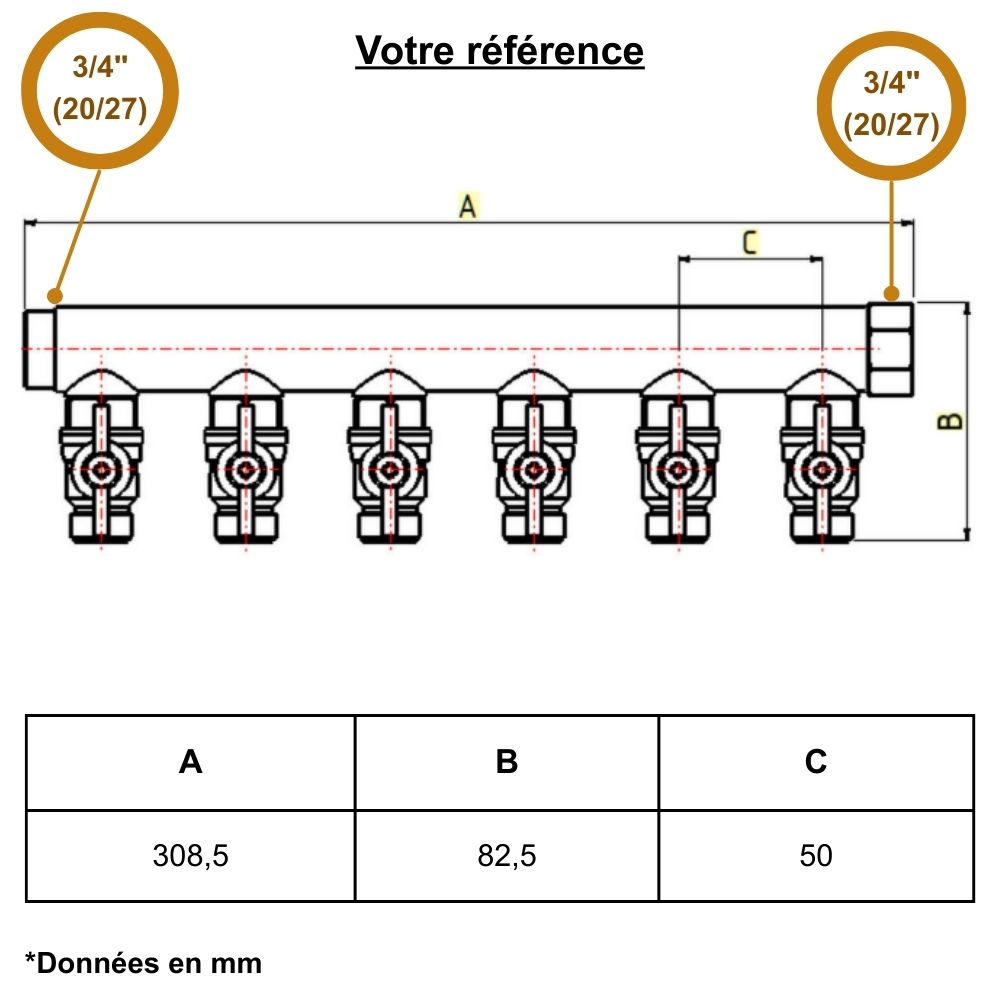 Collecteur mâle-femelle 3/4'' (20/27), 6 départs mâle 1/2'' (15/21), pour sanitaire et chauffage - Riquier