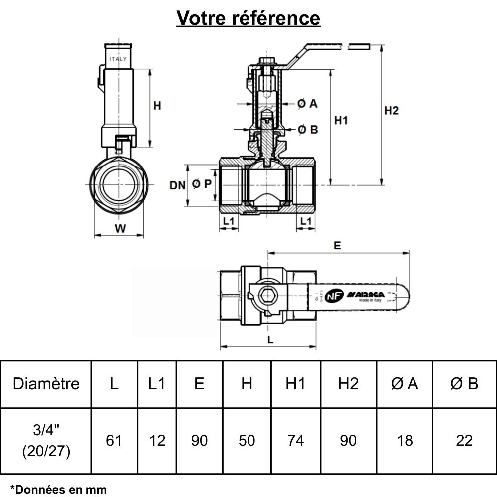 Vanne d'arrêt à visser, NF avec réhausse, double femelle 3/4'' (20/27) - Sferaco