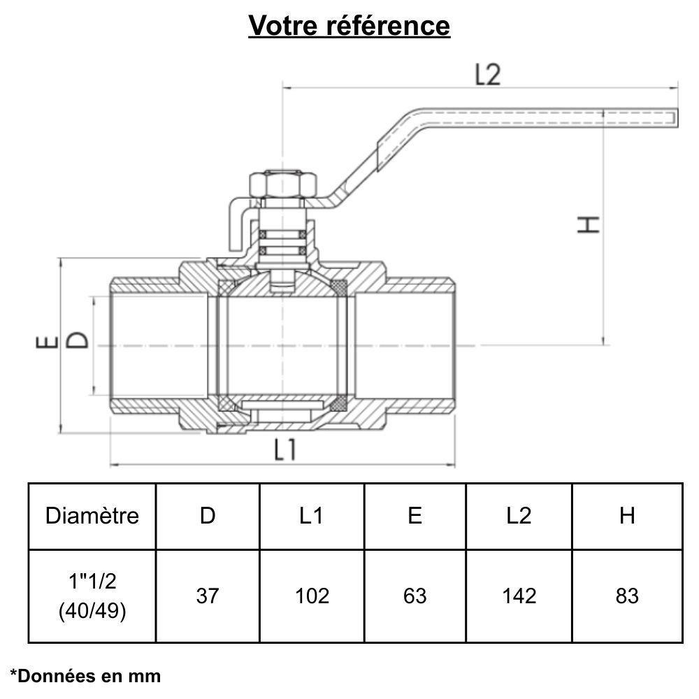 Vanne d'arrêt à visser, 1/4 de tour, double mâle 1''1/2 (40/49) - Ezfitt