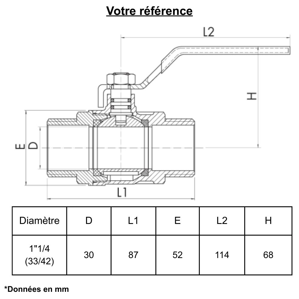 Vanne d'arrêt à visser, 1/4 de tour, double mâle 1''1/4 (33/42) - Ezfitt